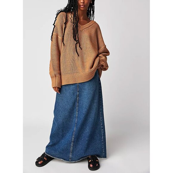 🆕 FREE PEOPLE Alli V-Neck Sweater / Camel - Picture 1 of 9